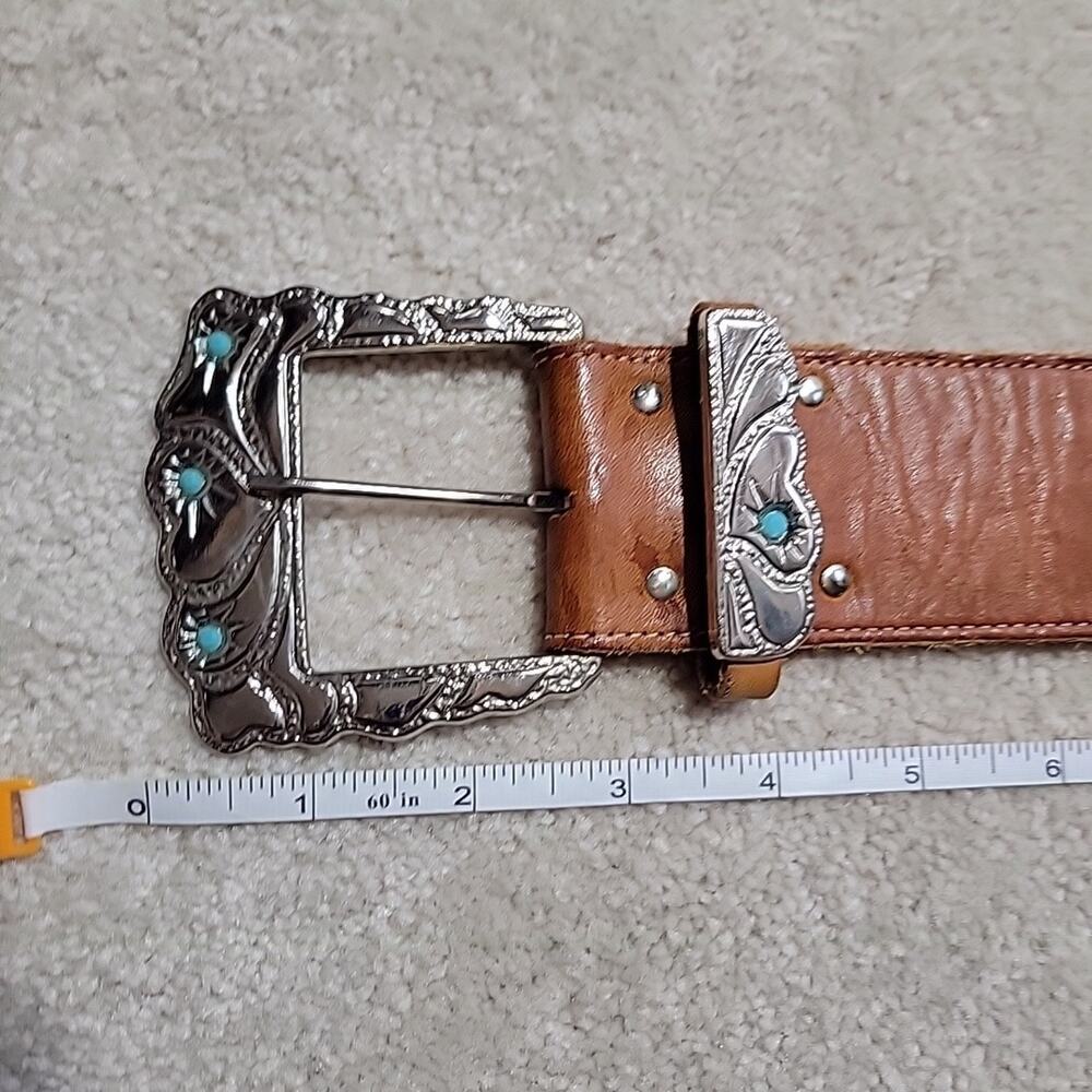 Ladies 2" wide Tan Turquoise Ornamented Leather Belt Western Style *Broken Piece
